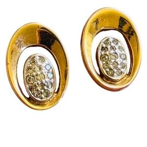 Panetta signed oval stud Earrings VTG Gold pierced crystal high end Jeweled 70s